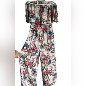 MIMI CHICA Rayon Animal Print Floral Shirring Smocked Wide Leg Jumpsuit Sz M